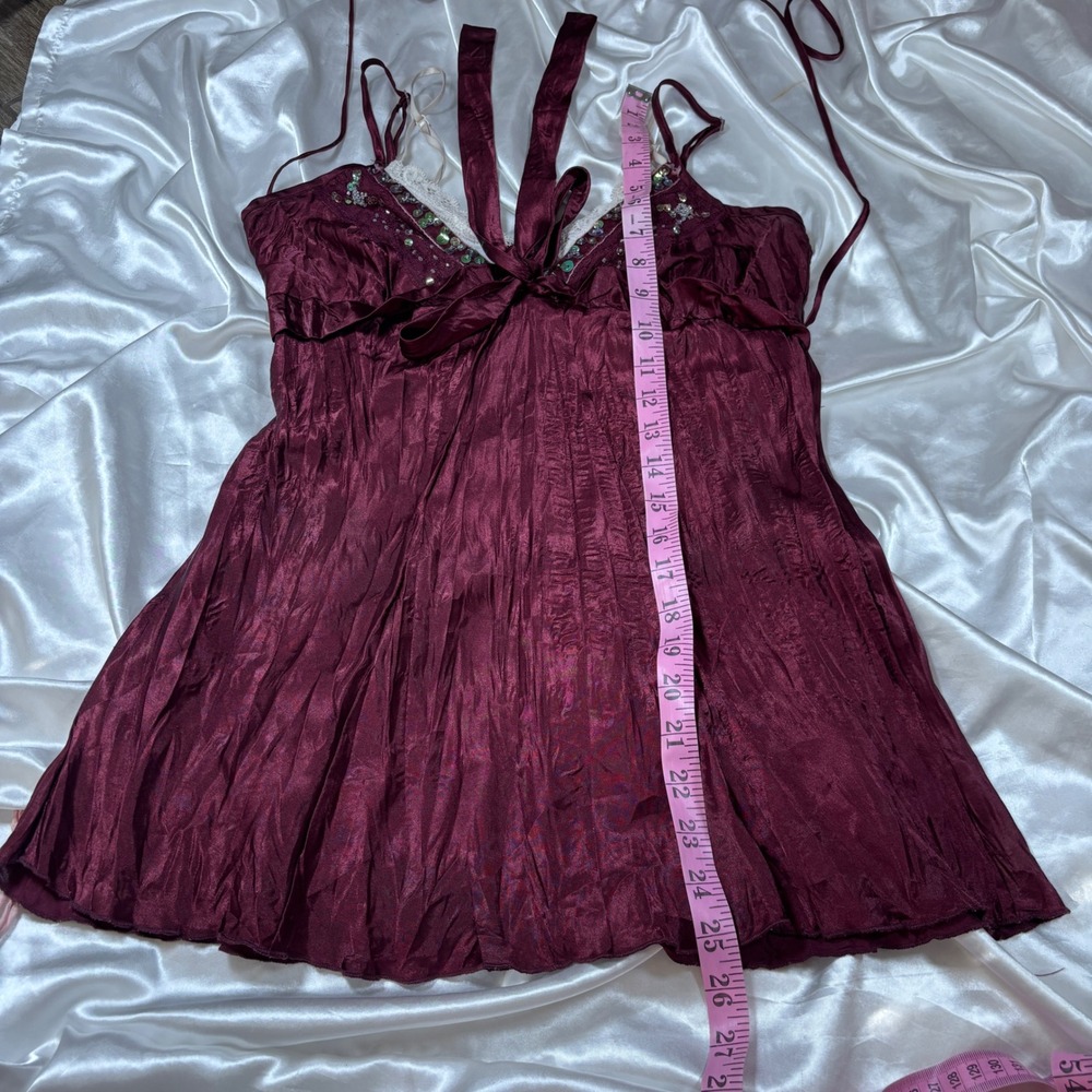 y2k Babydoll Top Burgundy Excellent Lace Sequin Beaded Satin Dolled Up M - Picture 7 of 7